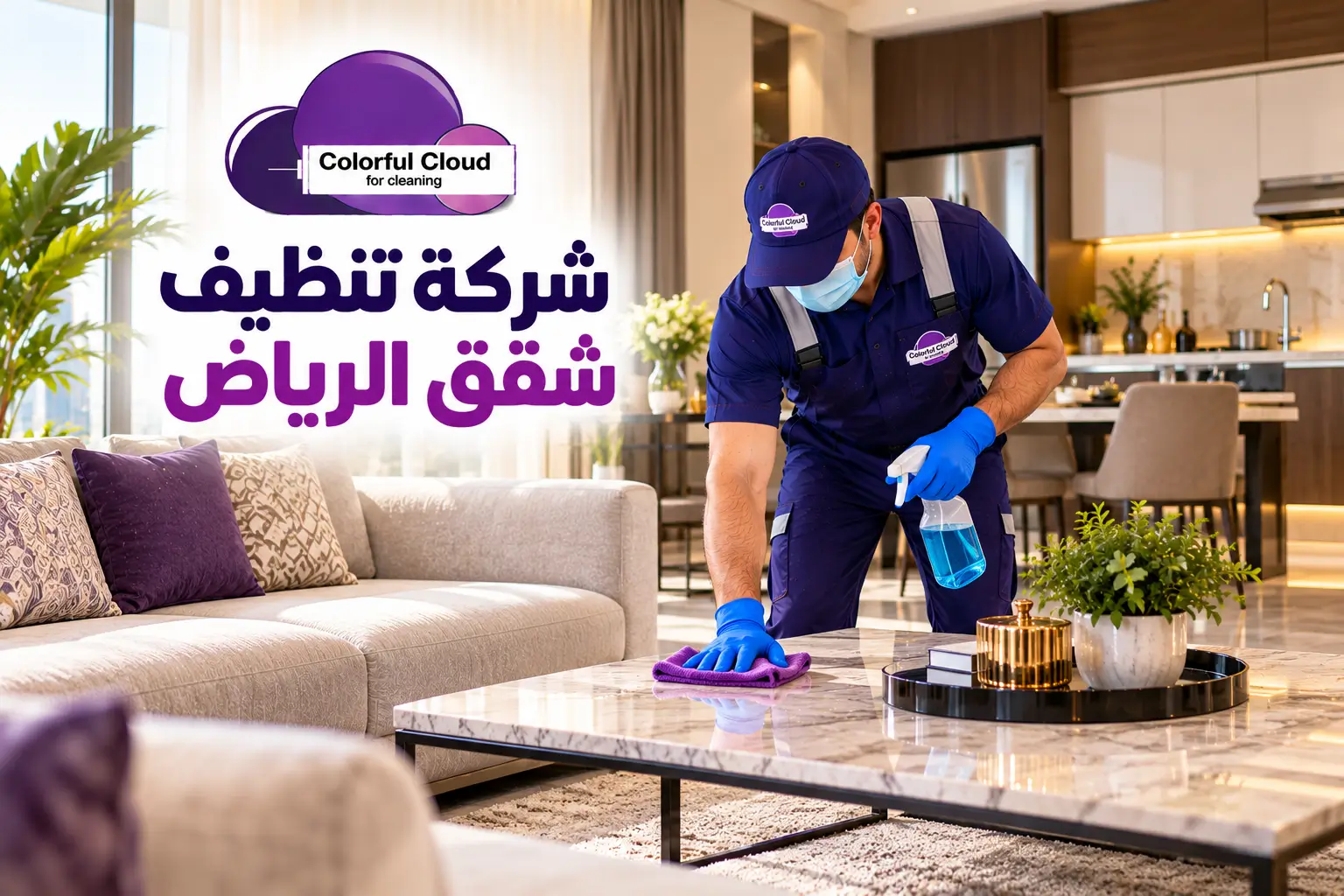 عامل من شركة تنظيف شقق الرياض ينظف الأثاث والأسطح داخل شقة